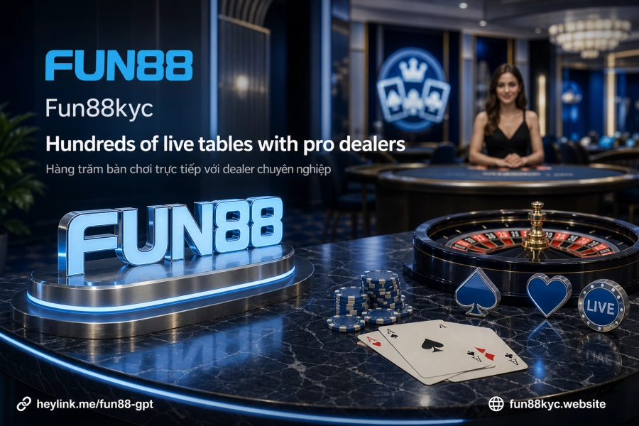 Sảnh live casino Fun88 với dealer thật và nhiều bàn chơi trực tuyến